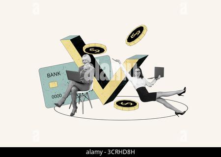 3D collage trend artwork poster of aged woman young lady colleagues sit work laptop check coins earnings currency market income budget Stock Photo