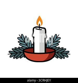 Christmas candle lit with green pine branches in red holder festive decoration vector illustration Stock Vector