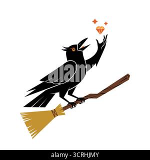 Clever crow flying on broomstick attempts to grab floating diamond gemstones high up vector illustration Stock Vector