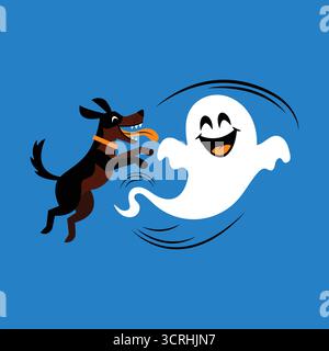 Happy dog and playful ghost having fun together on blue background vector illustration Stock Vector