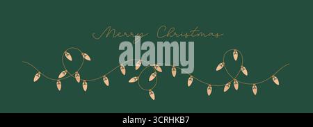 Thin line retro style string festive decorative Merry Christmas sign light garland. Retro minimalist vector bright bulbs border for banner, card. Stock Vector