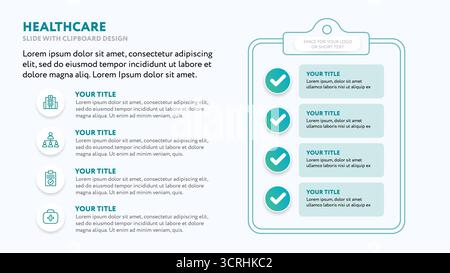 Medical business presentation slide template with clipboard - modern minimalist design with icons in flat style - vector illustration Stock Vector