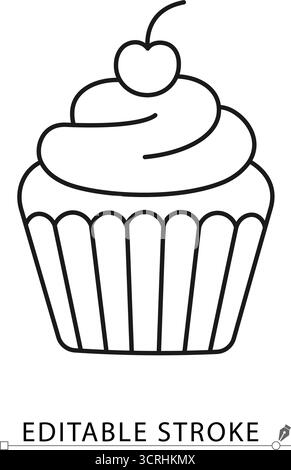 A sweet cupcake icon in a minimalist line style with editable stroke. Bakery dessert, birthday party food, delicious pastry, sugar confectionery Stock Vector