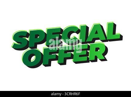 Text graphic featuring the words special offer in bold, green, 3D style with shadows Stock Vector