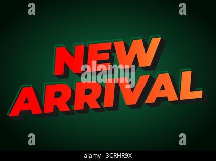 Bold text graphic featuring the words New Arrival in a 3D style with a gradient color scheme on a dark green background. Stock Vector
