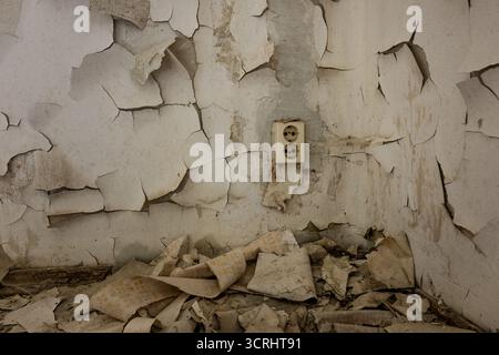 Decayed Wall with Peeling Paint and Old Power Outlet in Abandoned Building – Textured Urban Decay Detail in Neutral Tones Stock Photo