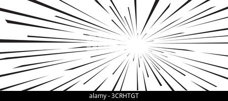 Line speed effect with long black rays on white comic background. Speed motion effect in comic style for anime posters, stickers, covers, and Stock Vector