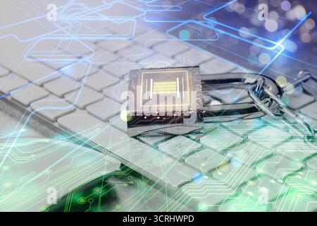 Padlock with digital fingerprint scan and chain on computer keyboard, color toned. Circuit board pattern. Cyber security Stock Photo