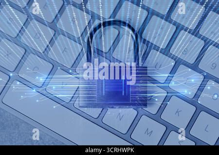 Padlock with digital fingerprint scan on computer keyboard, toned in blue. Circuit board pattern and binary code. Cyber security Stock Photo