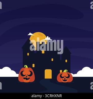 Spooky Halloween night scene with haunted castle, glowing pumpkins, and full moon. Stock Vector