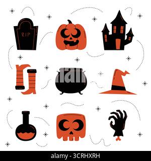 Black and orange Halloween element set featuring tombstone, pumpkin, haunted house, cauldron, skull, and boots on white background. Stock Vector