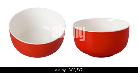 Set of empty red porcelain bowl cutout. Two clean scarlet ramekins  isolated on a white background. Color ceramics porcelain tableware for food design Stock Photo