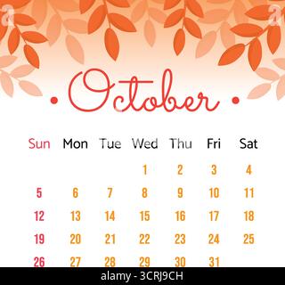 Page calendar for October 2025 with cute autumn orange leaves. Week starts on Sunday. Vector illustration flat style. Stock Vector