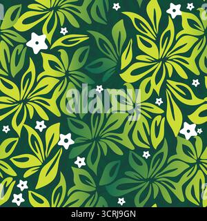 seamless floral pattern features overlapping tropical leaves in rich shades of green and yellow-green, accented by small white blossoms Stock Vector