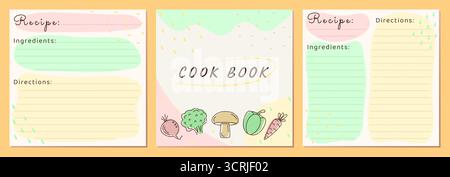 Cook book template card set with vegetable icons, light beige vector recipe pages for healthy food. Three cards in yellow, pink, green colors. Square Stock Vector