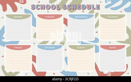 Vector school schedule template in boho colors. Timetable for schoolchildren, doodle cartoon design in bohemian style, weekly lesson planner with flui Stock Vector