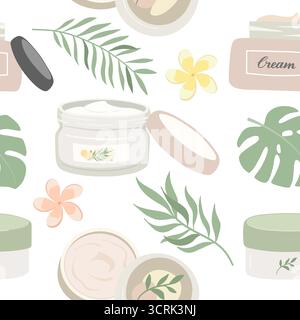 Seamless pattern with natural cosmetics, cream and tropical leaves. Skin care products flat vector illustration Stock Vector