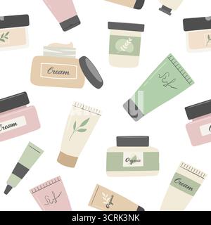Seamless pattern with cream tube, natural cosmetics on white background. Skin care products flat vector illustration Stock Vector