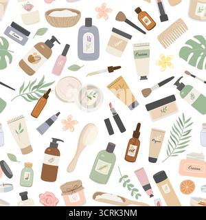 Seamless pattern with organic cosmetics, cream, lotion, shampoo, essential oil, makeup. Skin and hair care products and tropical leaves flat vector il Stock Vector