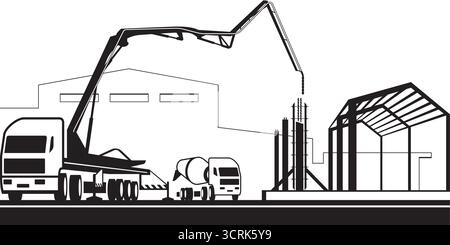 Pouring concrete on the base of metal structure – vector illustration Stock Vector