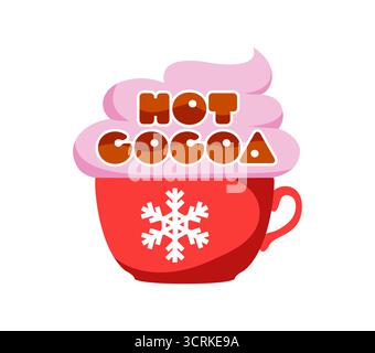 Christmas hot cocoa Y2K funky sticker or label. Happy Christmas funky Y2K patch, Xmas celebration groovy vector label. Winter holiday festive sticker or tag with red mug of hot cocoa and cream Stock Vector