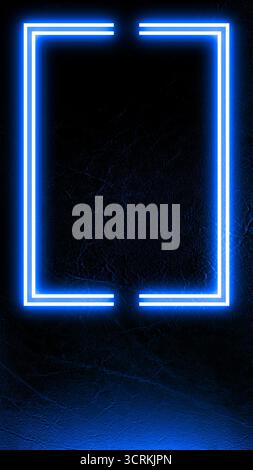 Background dark textured black leather parallel horizontal stitching lines. Superimposed over this background bright glowing neon frame blue. Bright S Stock Photo