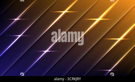Modern abstract background featuring 3D diagonal lines with glowing light streaks in purple and golden gradient tones, vector illustration Stock Vector