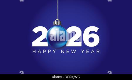 Elegant Happy New Year 2026 design featuring bold white numbers with a hanging blue ornament on dark background, vector illustration Stock Vector