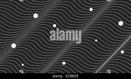 Abstract black background with flowing white wavy lines and scattered round dots, Minimal and modern design, vector illustration Stock Vector