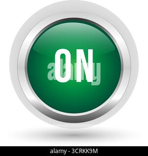 Shiny green button with metallic border and ON text, symbolizing power or start, vector illustration Stock Vector