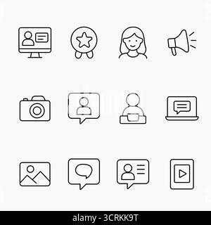 Collection of simple outline icons representing UGC, communication, media and lifestyle elements, vector illustration Stock Vector