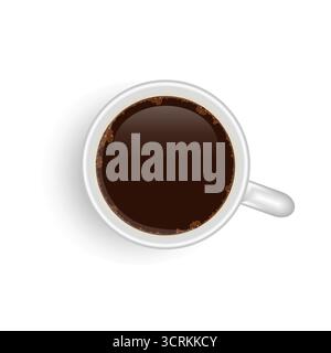 Overhead view of a fresh black coffee served in a white ceramic cup, isolated on a clean white background, vector illustration Stock Vector