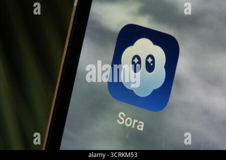Closeup of the icon of the new Sora app launched by OpenAI based on its latest video generation model, Sora 2. Stock Photo