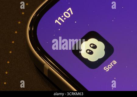 Closeup of the icon of the new Sora app launched by OpenAI based on its latest video generation model, Sora 2. Stock Photo
