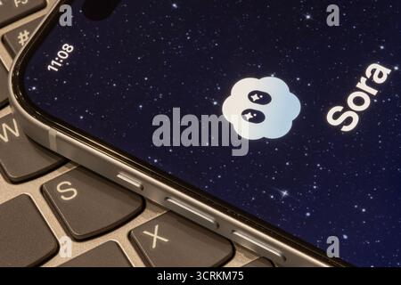 The new Sora app is seen launched on the screen of an iPhone. OpenAI launches Sora 2, its latest video generation model, and a social app to use it. Stock Photo