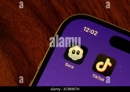 Sora and TikTok app icons are seen on the screen of an iPhone. Stock Photo