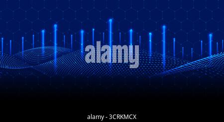 Dark blue abstract background representing technology, data, and communication. It features a dynamic, dotted mesh wave or data terrain sweeping acros Stock Photo