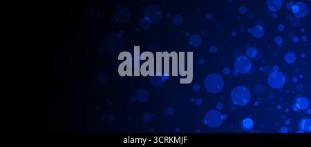 Wide abstract gradient deep midnight blue transitions into solid black on left side. Right overlapping and varying-sized circular bokeh light elements Stock Photo