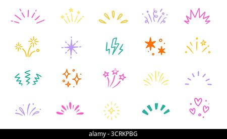 Star background confetti set. Hand drawn doodle star shapes and birthday confetti with cute sparkle, holiday twinkle brush elements, and glowing cartoon kid pattern. Vector illustration Stock Vector