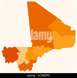 Map of Mali with regions. Just a simple country border map with regional division. Orange color palette. Stock Vector