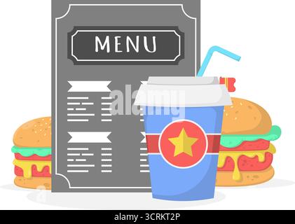 list of restaurant menus, list of various kinds of burgers and soda drinks Stock Vector