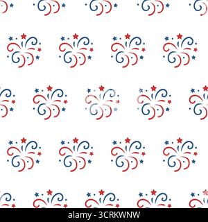 Seamless patriotic background with red and blue swirls, dots, and stars on a clean white background Stock Vector