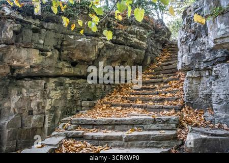 Stone steps through the riverside rock along the Ohio River at Cave-in-Rock State Park in Cave-in-Rock, Illinois. (USA) Stock Photo