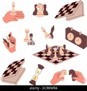 Strategic chess composition with pieces, hands, clocks, boards and gameplay essentials for competitive thinking Stock Vector