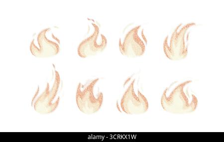 Set of fire flame icons with grainy noise blur texture, abstract halftone gradient burning symbol, glowing stipple dotted shape for energy, heat Stock Vector