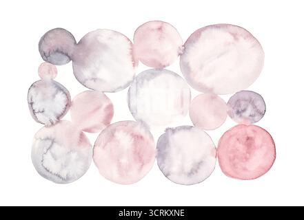 Abstract watercolor artwork with pink and gray circular patterns on white background. Stock Photo