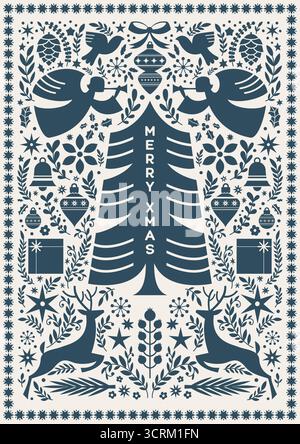 Blue Scandinavian Christmas Angels Tree Stock Vector