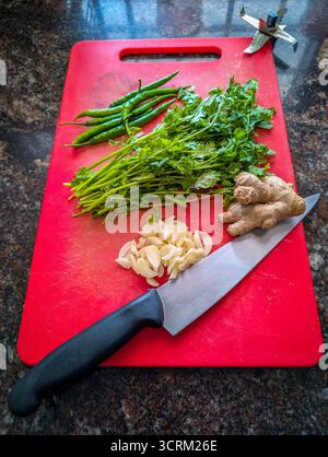 Fresh herbs and spices on a red cutting board with a knife. Stock Photo