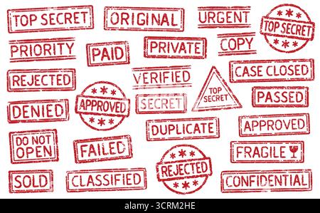 Collection Of Various Red Grunge Style Retro Stamps. Vintage Text Rubber Stamp Set. Denied, Fragile, Private, Top Secret, Sold, Rejected, Approved. Stock Vector