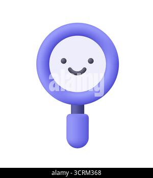 Purple magnifying glass with a happy smiling face. Discovery, research, search, analysis and investigation concept. 3d vector icon. Cartoon minimal st Stock Vector